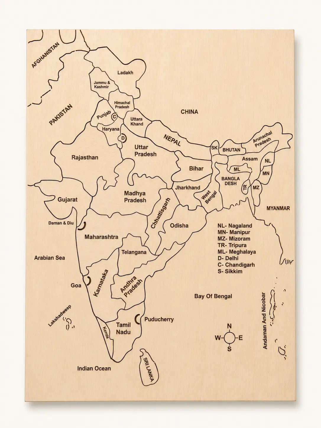 RedMonkys Map of India Puzzle assembled front view with engraved state and Union Territory names