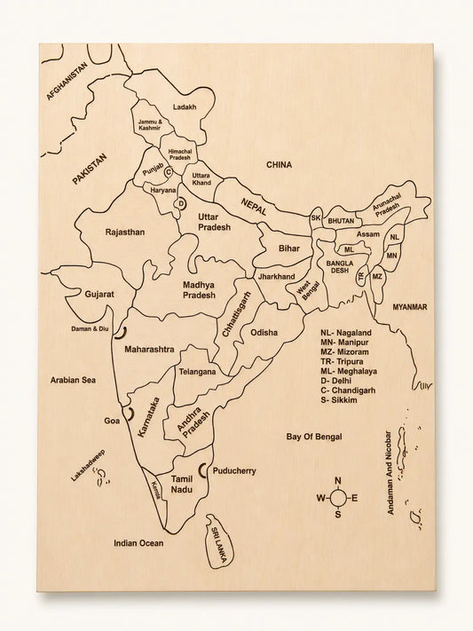 RedMonkys Map of India Puzzle assembled front view with engraved state and Union Territory names