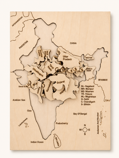 RedMonkys Map of India Puzzle with wooden state and Union Territory pieces removed from the birch tray