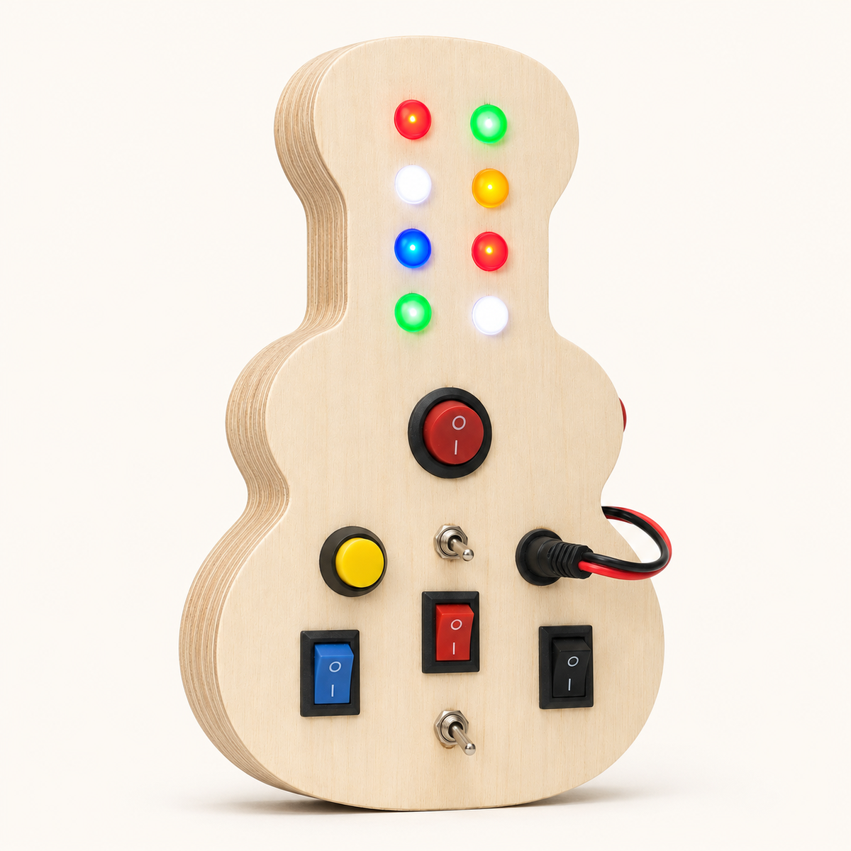 Side angled view of RedMonkys Melody Explorer guitar-shaped wooden musical busy board