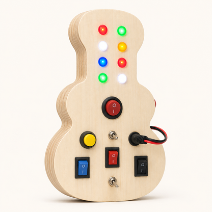 Side angled view of RedMonkys Melody Explorer guitar-shaped wooden musical busy board