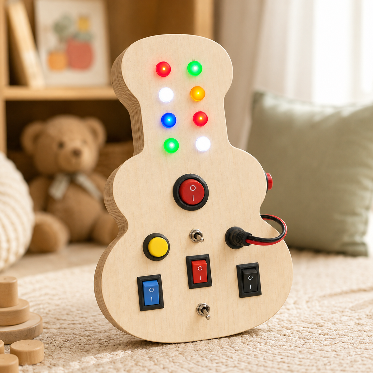 RedMonkys Melody Explorer Busy Board in a warm playroom for screen-free musical play