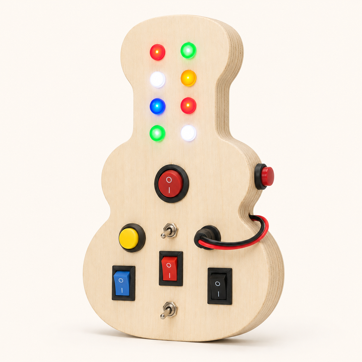 RedMonkys Melody Explorer Busy Board angled view with lights, switches and guitar-shaped wooden body
