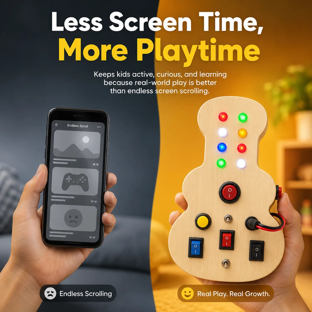 RedMonkys Melody Explorer Busy Board shown beside a phone to represent less screen time and more hands-on musical play