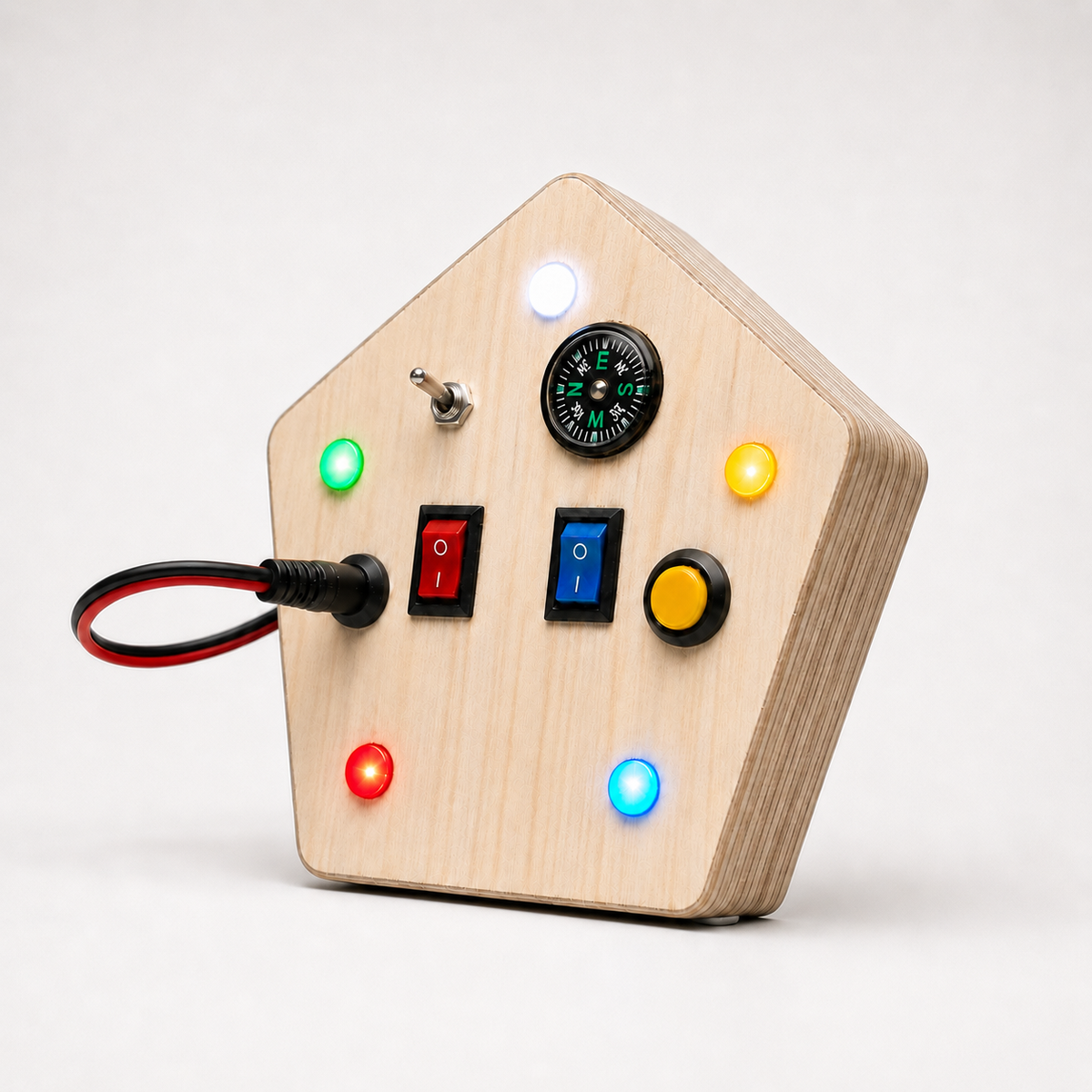 RedMonkys Pentagon Explorer wooden busy board, a premium sensory toy with switches, LED lights, plug connector, and compass