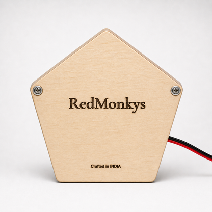 Back view of RedMonkys Pentagon Explorer wooden busy board showing premium birch wood finish and RedMonkys branding