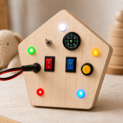RedMonkys Pentagon Explorer wooden busy board in use, showing screen-free sensory play with tactile switches and soft LED lights