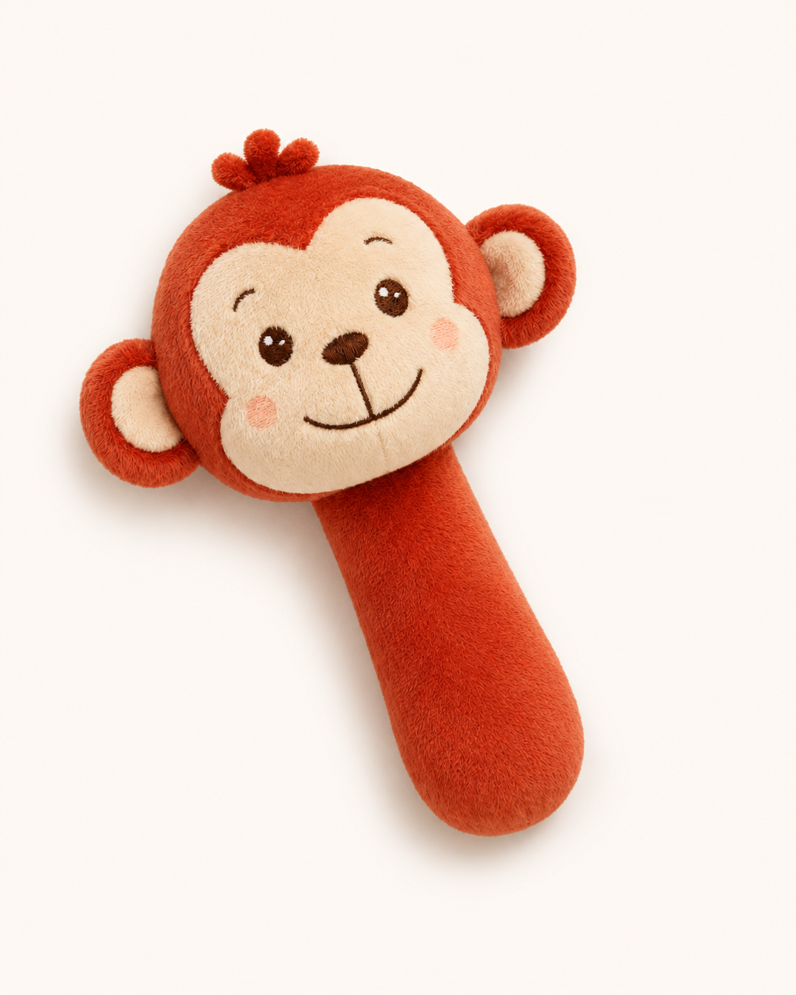 RedMonkys RORO Baby Rattle & Squeak Toy lying view showing plush handle