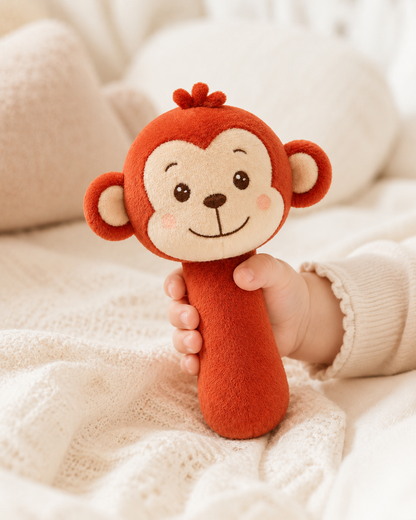 Baby holding RedMonkys RORO Baby Rattle & Squeak Toy during sensory play