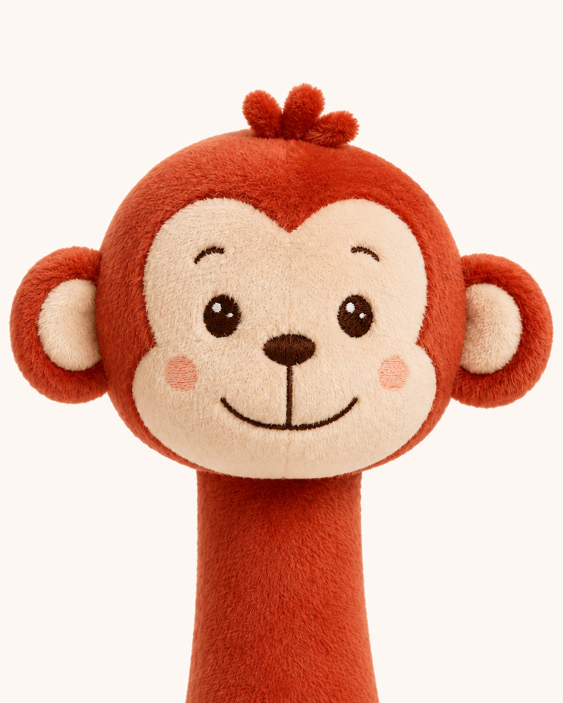 Close-up of RedMonkys RORO Baby Rattle & Squeak Toy embroidered monkey face