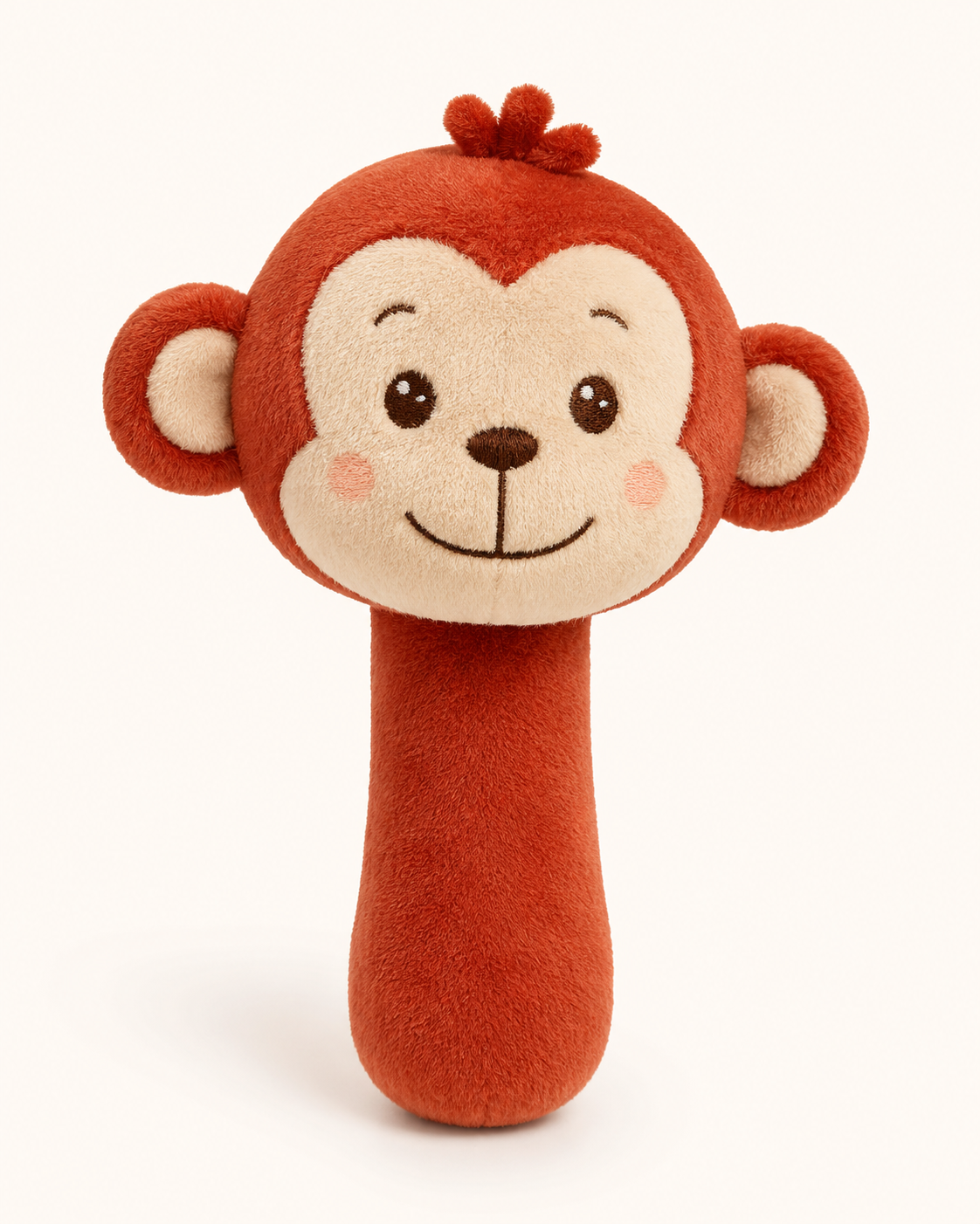 Angled view of RedMonkys RORO Baby Rattle & Squeak Toy with soft easy-grip handle