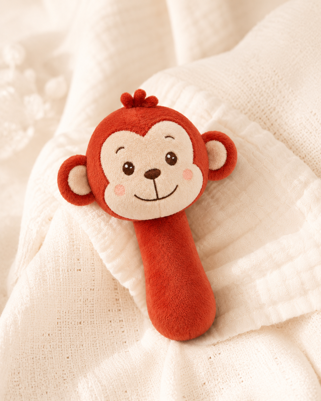 RedMonkys RORO Baby Rattle & Squeak Toy on soft baby blanket