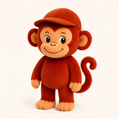 Angled view of RedMonkys RORO Soft Toy red plush monkey mascot
