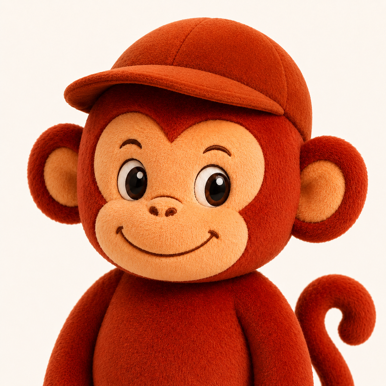 Close-up of RedMonkys RORO Soft Toy embroidered face and red cap