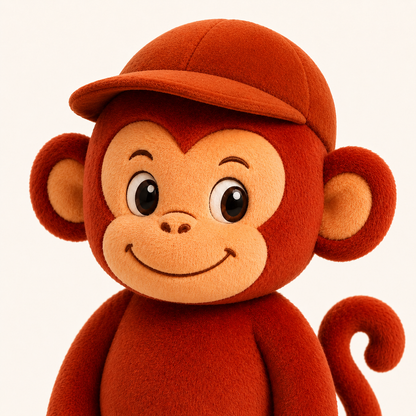Close-up of RedMonkys RORO Soft Toy embroidered face and red cap