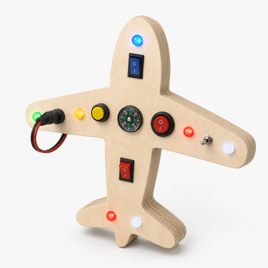 RedMonkys Sky Explorer Busy Board airplane-shaped wooden sensory toy for toddlers