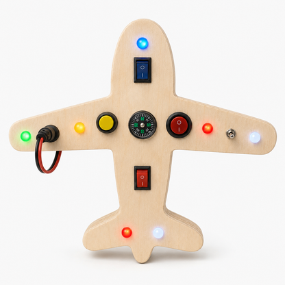 RedMonkys Sky Explorer Busy Board front view with switches, lights and compass