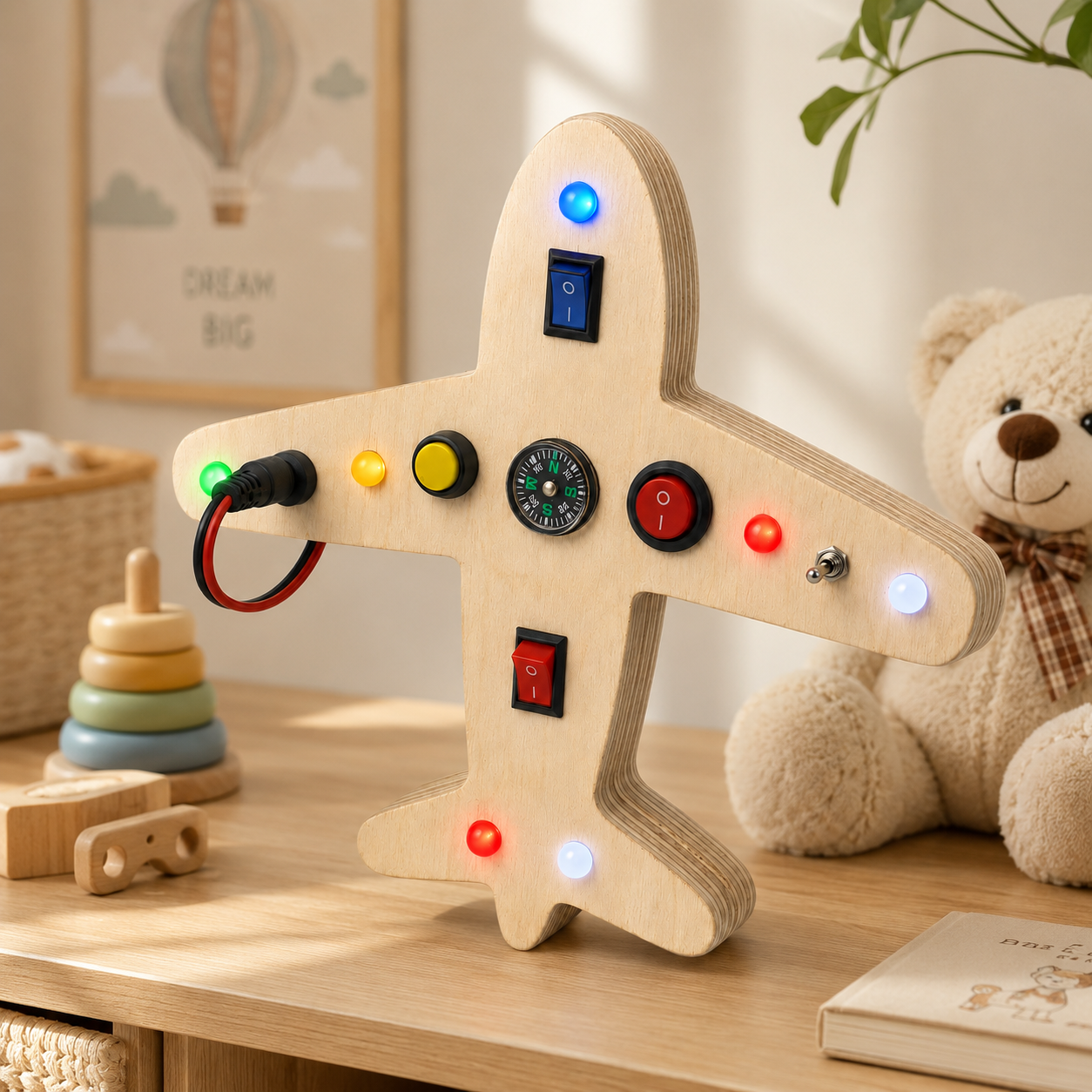RedMonkys Sky Explorer Busy Board in a premium nursery setting for screen-free toddler play