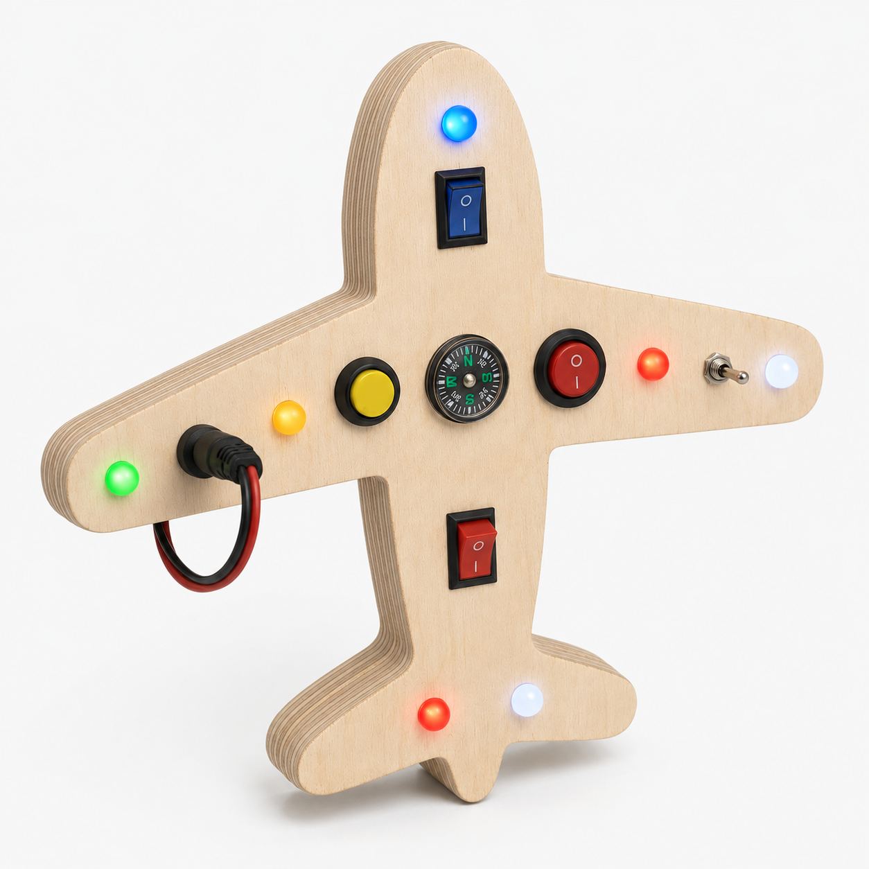 Angled view of RedMonkys Sky Explorer airplane-shaped wooden busy board