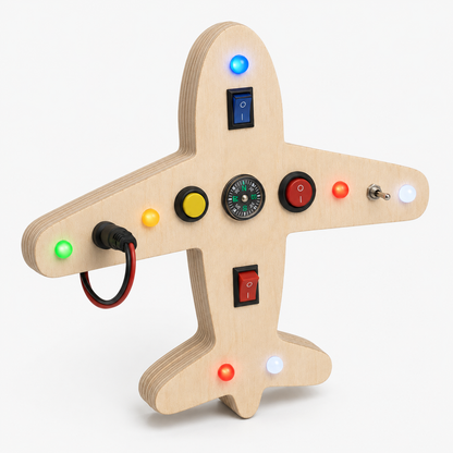 Angled view of RedMonkys Sky Explorer airplane-shaped wooden busy board