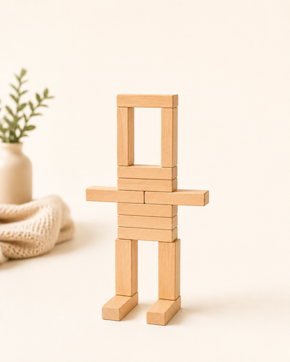 RedMonkys Tumble Stack Wooden Building Blocks used for creative screen-free building play