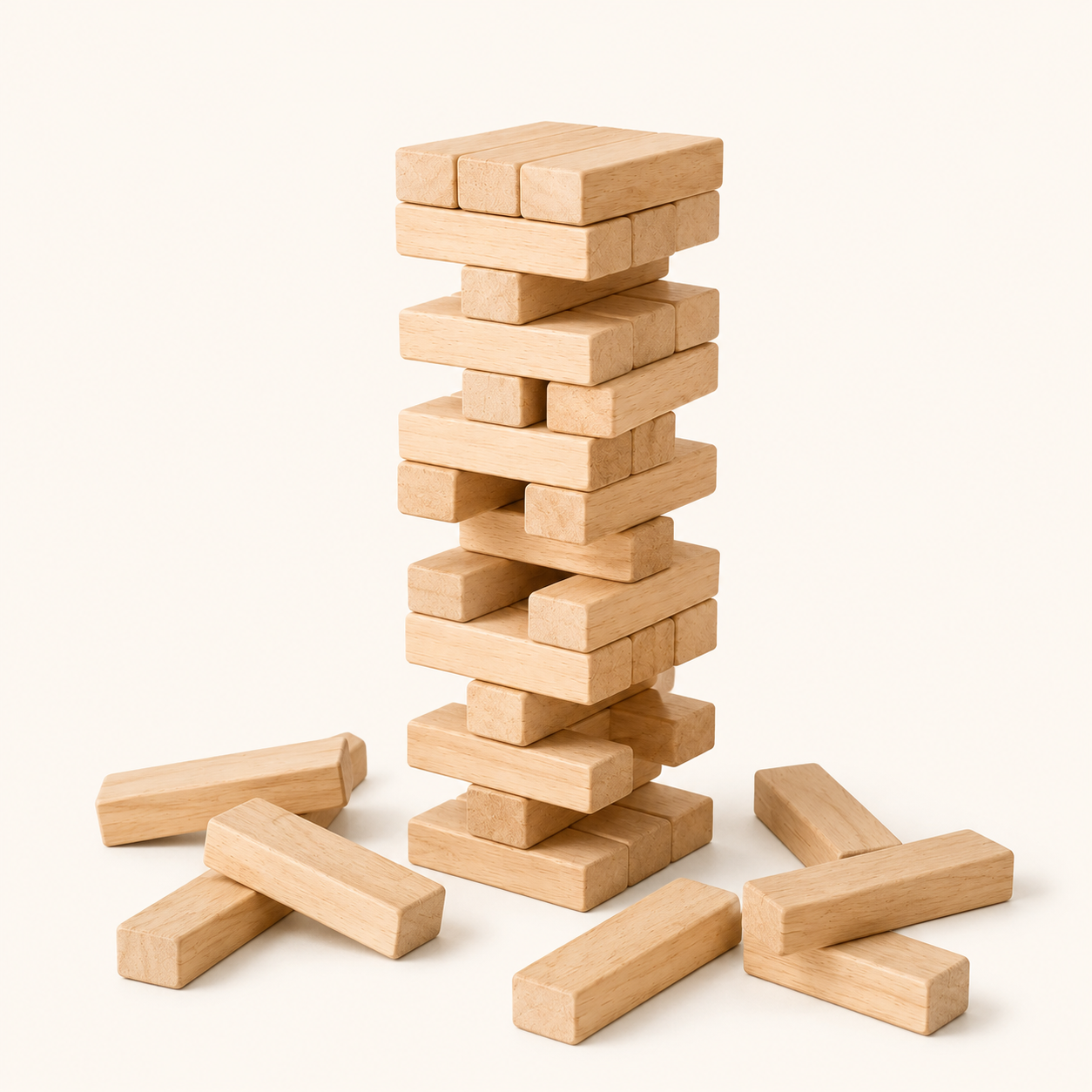 RedMonkys Tumble Stack Wooden Building Blocks arranged as a wobbly tumbling tower game