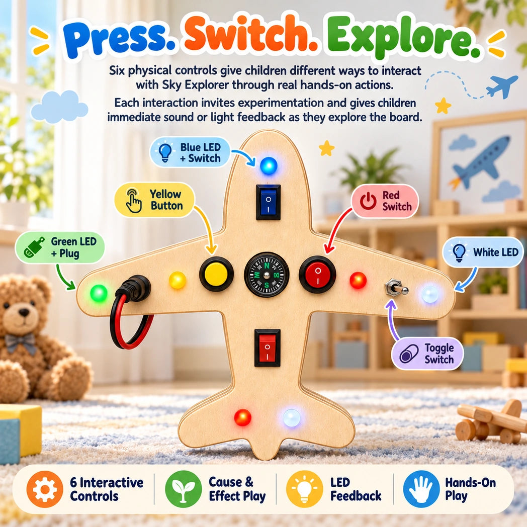 Child operating the physical controls on the RedMonkys Sky Explorer Busy Board