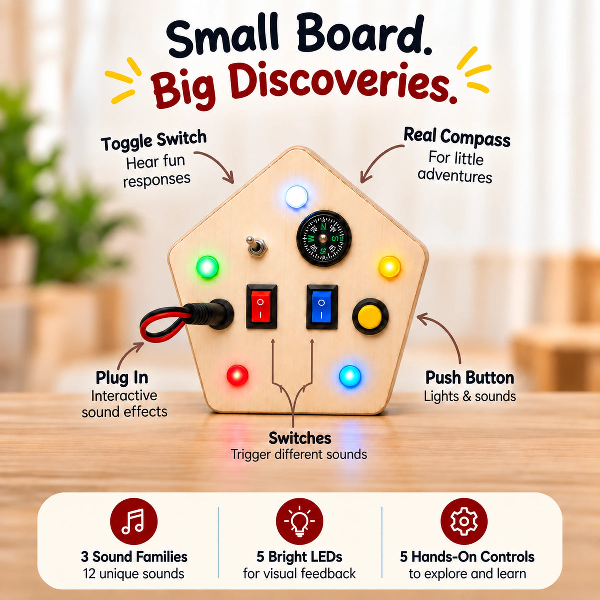 RedMonkys busy board with 12 sounds, 5 LED lights, switches, push button, plug-in control and compass