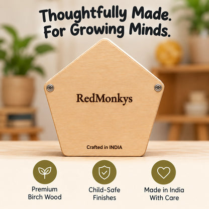 Back of RedMonkys wooden busy board made with premium birch wood and child-safe finishes in India